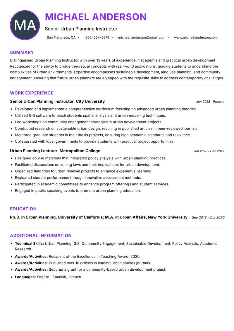 Urban Planning Instructor resume example