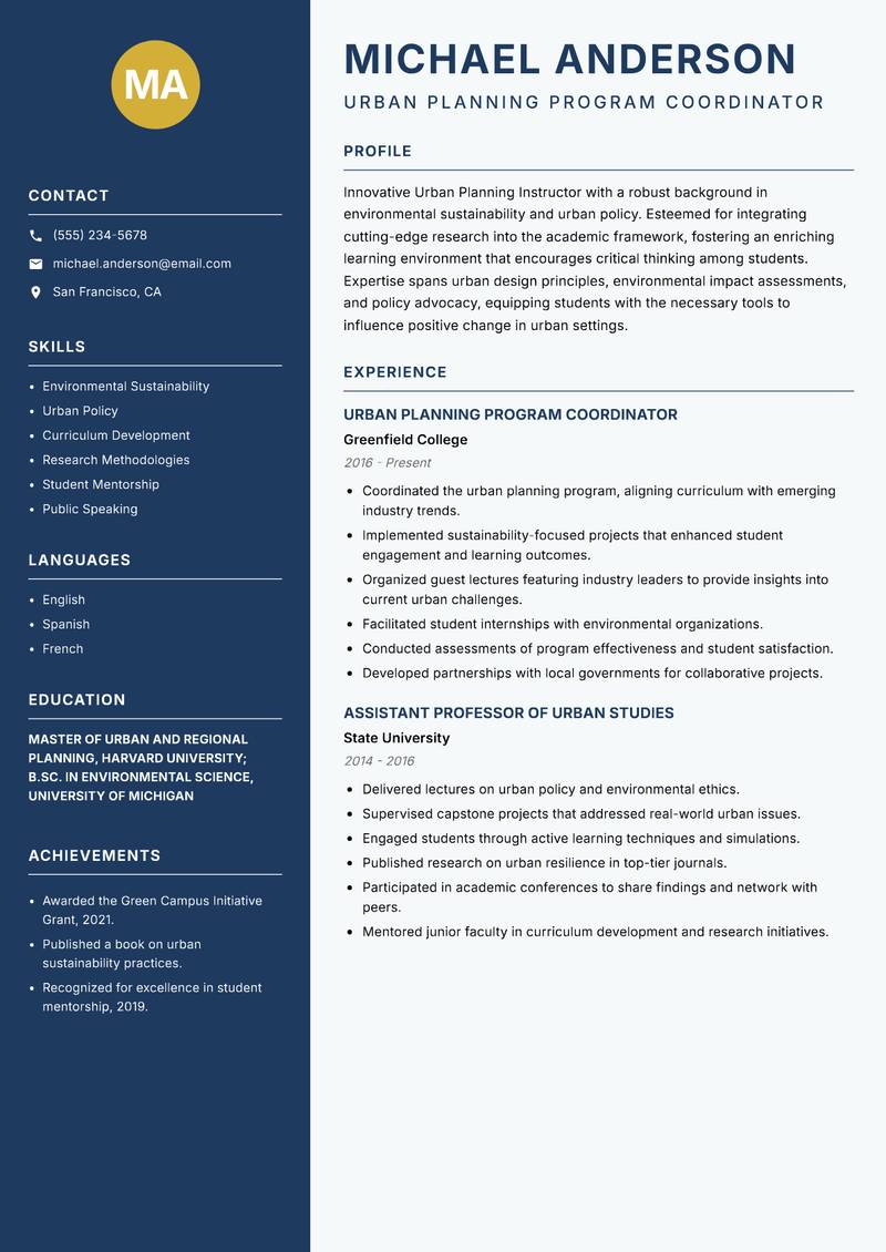 Urban Planning Instructor resume sample — Urban Planning Program Coordinator focus