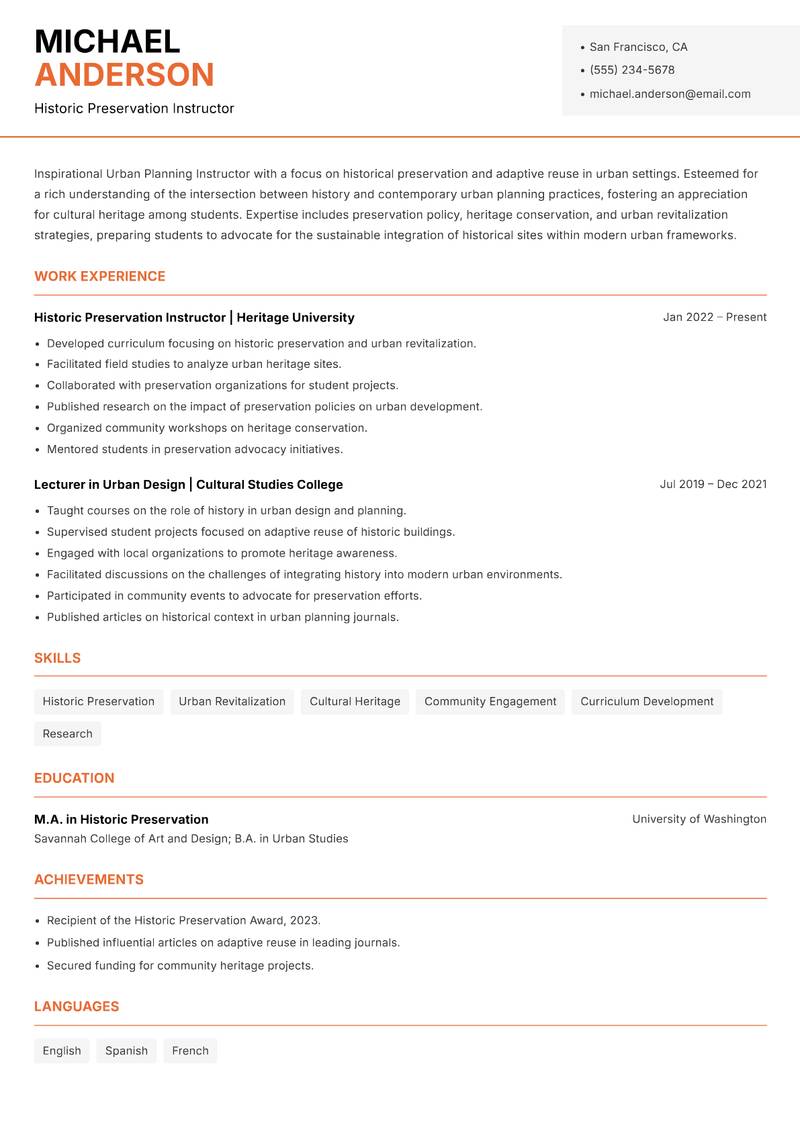 Urban Planning Instructor resume sample — Historic Preservation Instructor focus