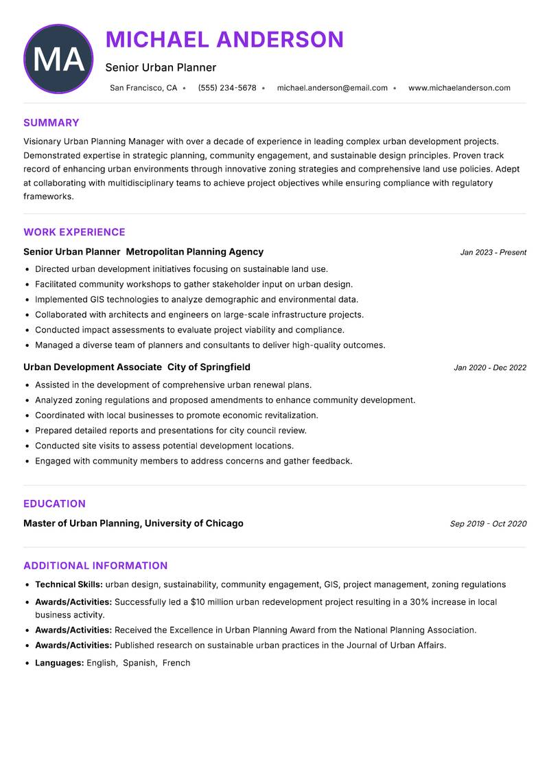 Urban Planning Manager resume example