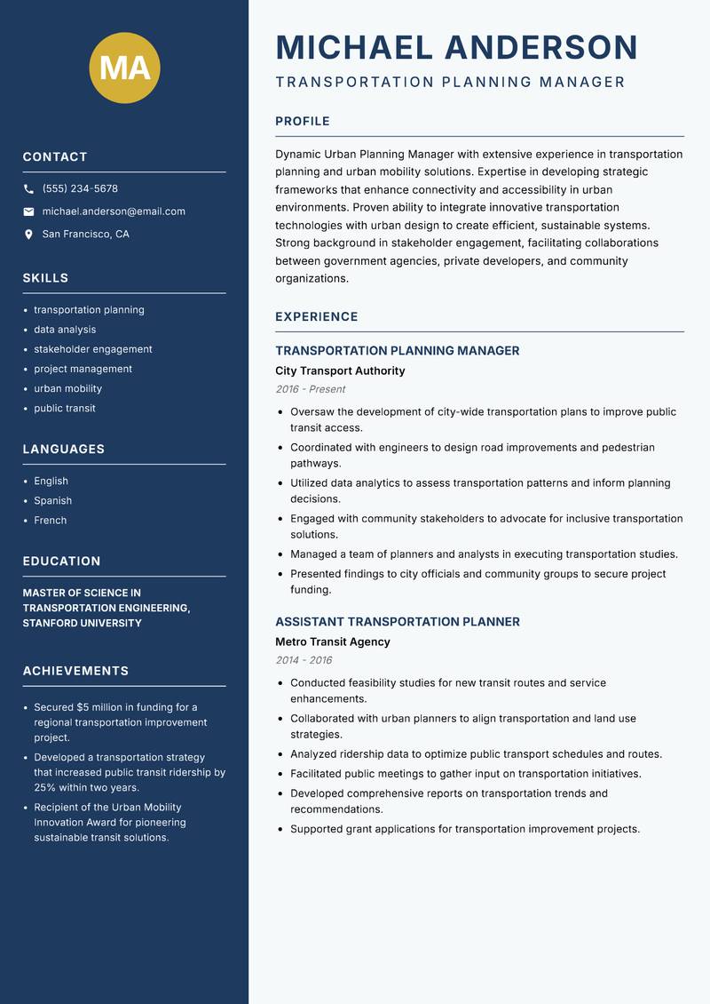 Urban Planning Manager resume sample — Transportation Planning Manager focus