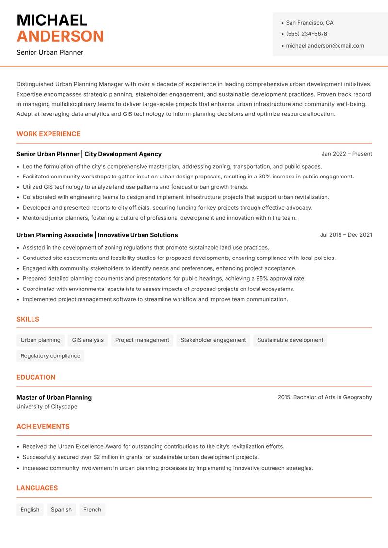 Urban Planning Manager resume sample — Senior Urban Planner focus