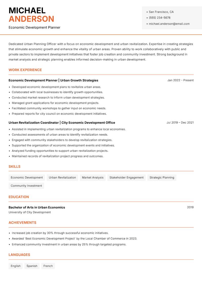 Urban Planning Officer resume sample — Economic Development Planner focus