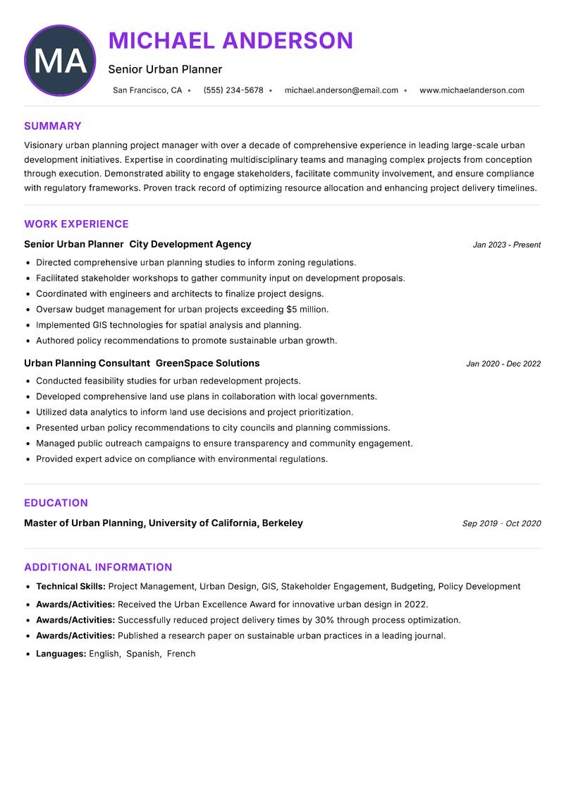 Urban Planning Project Manager resume example