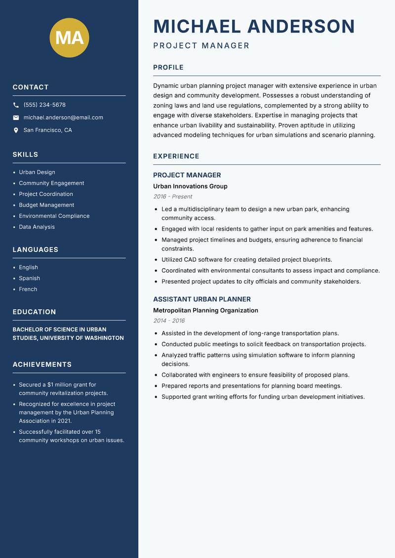 Urban Planning Project Manager resume sample — Project Manager focus