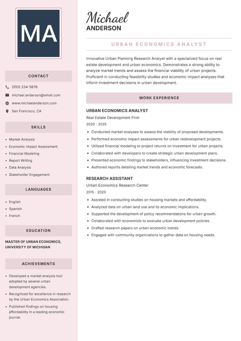 Urban Planning Research Analyst resume sample — Urban Economics Analyst focus