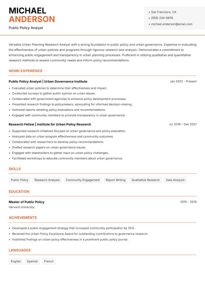 Urban Planning Research Analyst resume sample — Public Policy Analyst focus