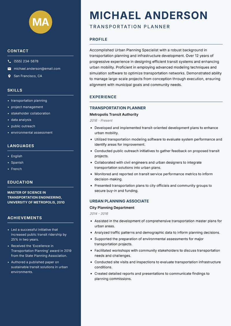 Urban Planning Specialist resume sample — Transportation Planner focus