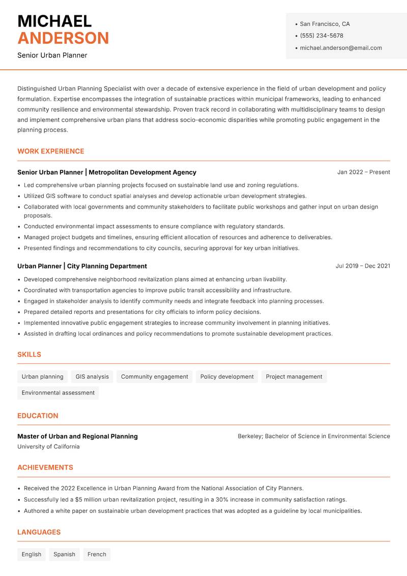 Urban Planning Specialist resume sample — Senior Urban Planner focus