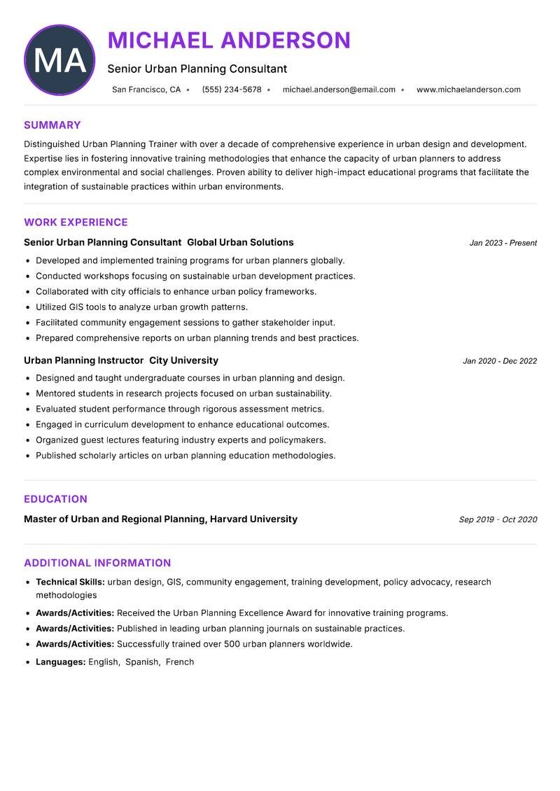 Urban Planning Trainer resume example