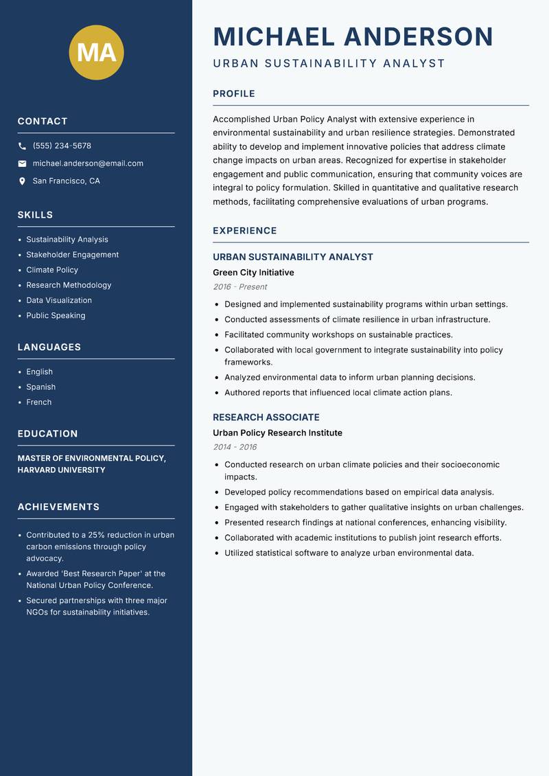 Urban Policy Analyst resume sample — Urban Sustainability Analyst focus
