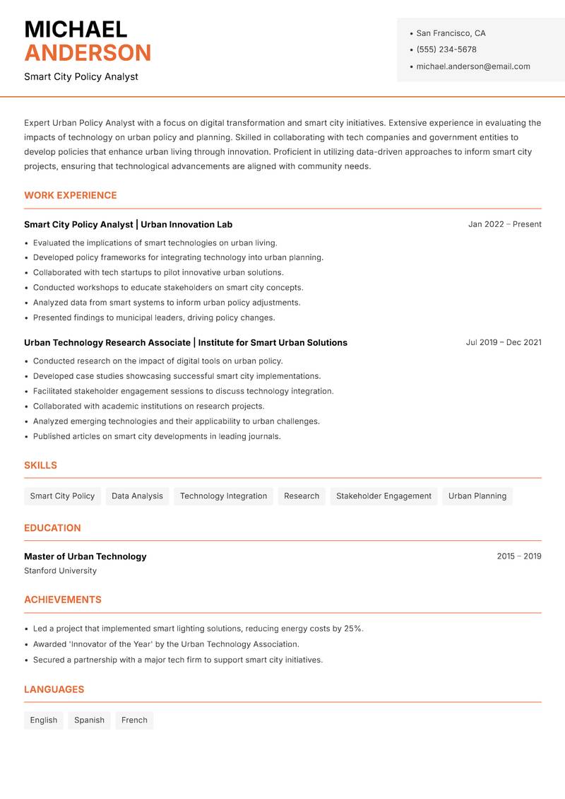 Urban Policy Analyst resume sample — Smart City Policy Analyst focus