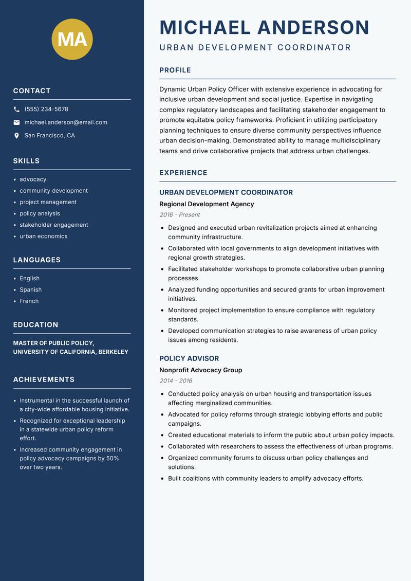Urban Policy Officer resume sample — Urban Development Coordinator focus