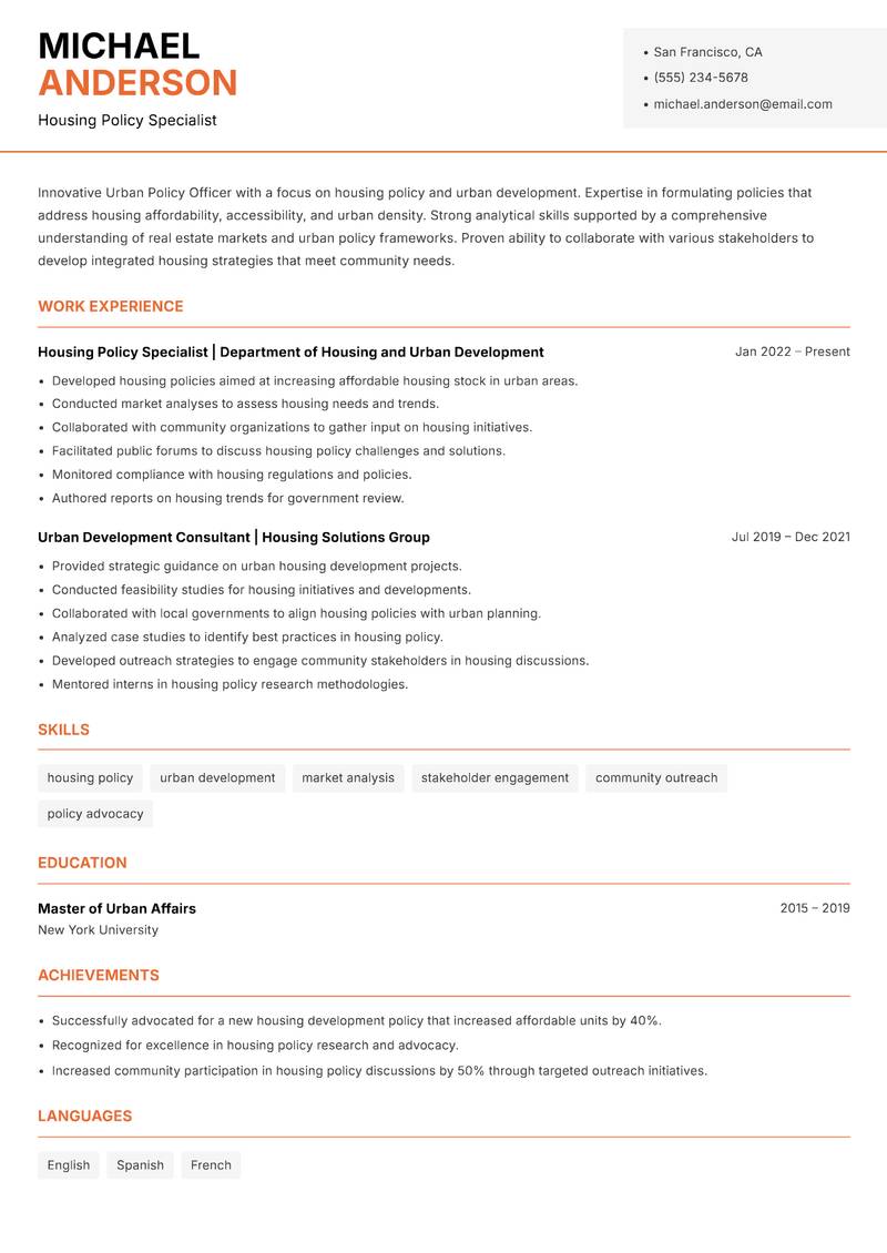 Urban Policy Officer resume sample — Housing Policy Specialist focus