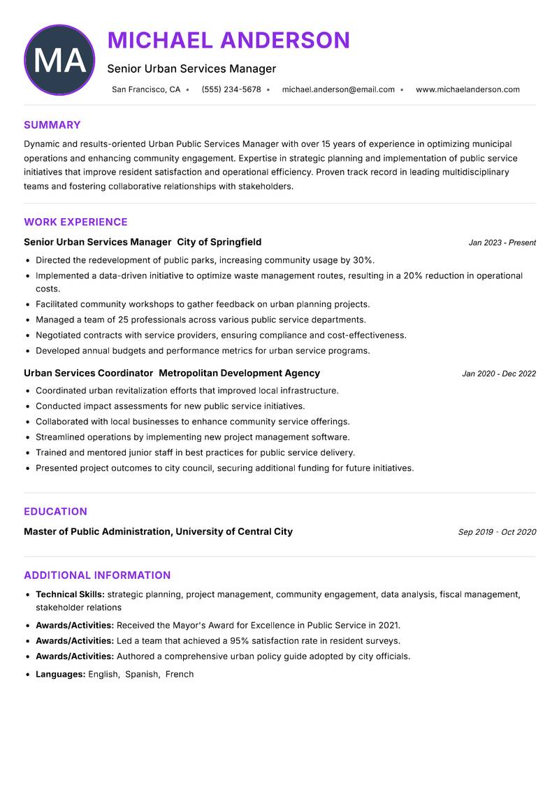 Urban Public Services Manager resume example