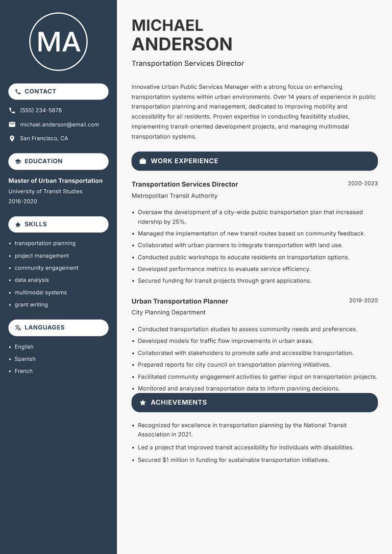 Urban Public Services Manager resume sample — Transportation Services Director focus