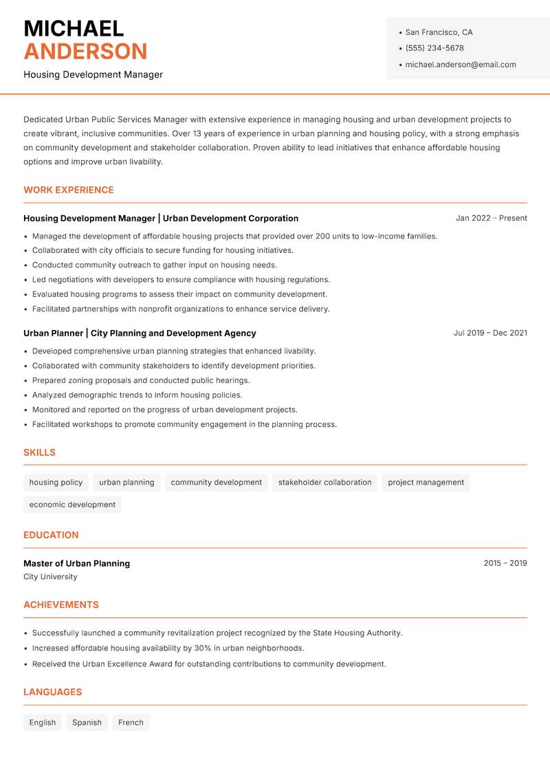 Urban Public Services Manager resume sample — Housing Development Manager focus
