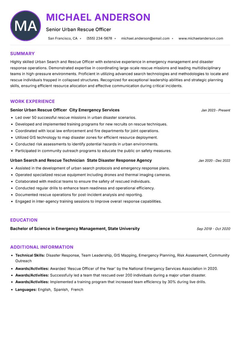 Urban Search and Rescue Officer resume example