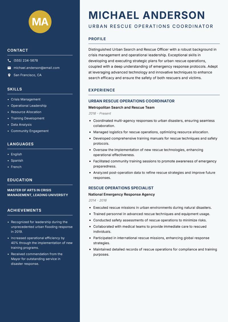 Urban Search and Rescue Officer resume sample — Urban Rescue Operations Coordinator focus