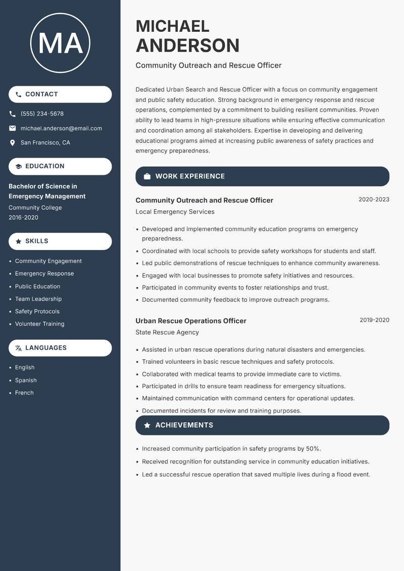 Urban Search and Rescue Officer resume sample — Community Outreach and Rescue Officer focus