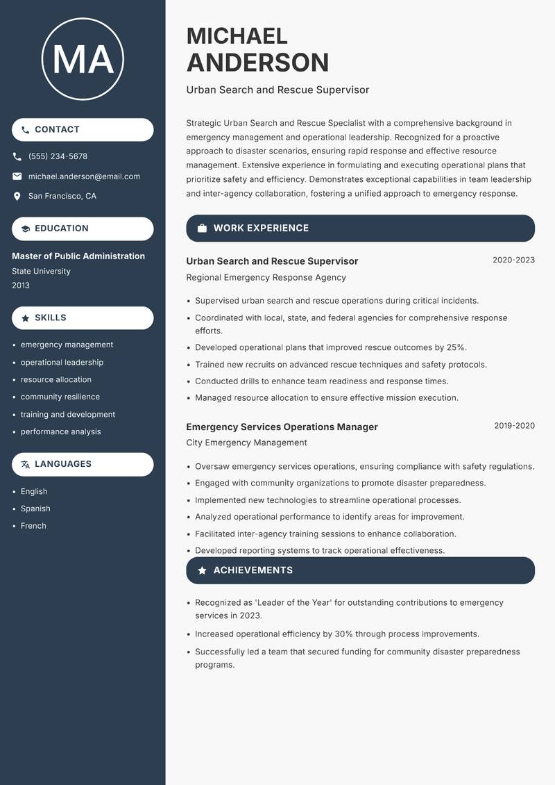 Urban Search and Rescue Specialist resume sample — Urban Search and Rescue Supervisor focus