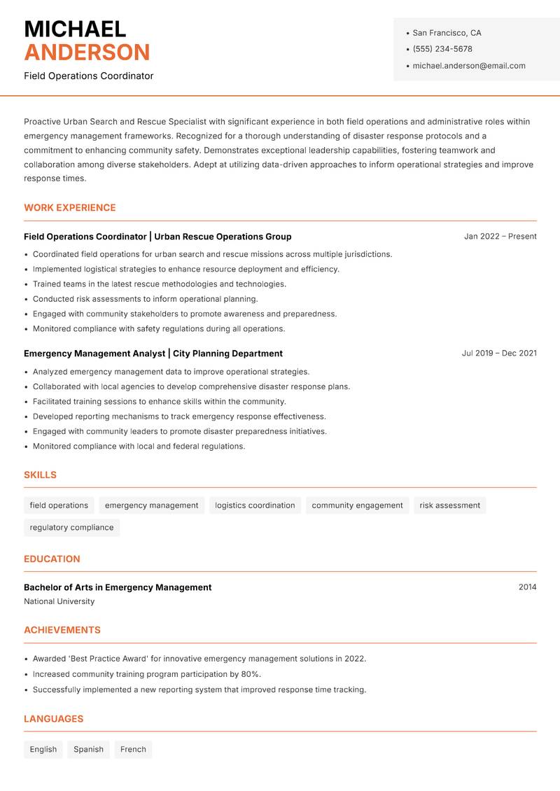 Urban Search and Rescue Specialist resume sample — Field Operations Coordinator focus