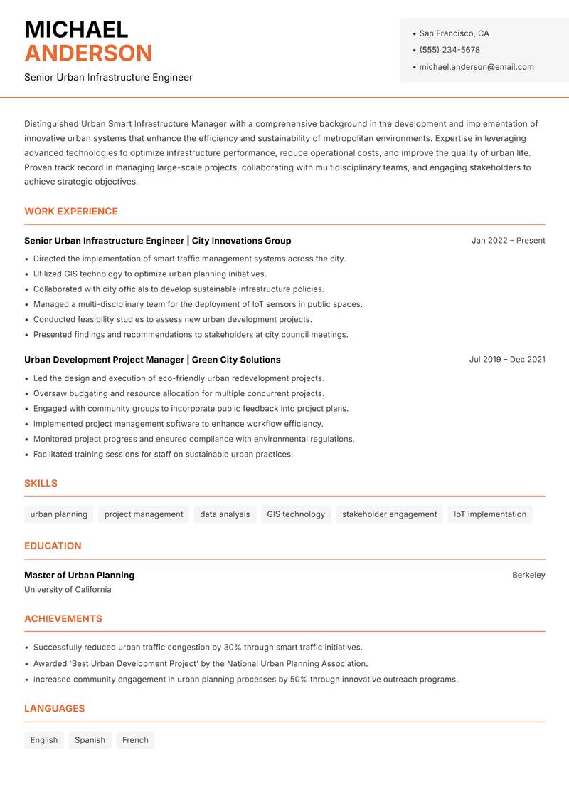Urban Smart Infrastructure Manager resume sample — Senior Urban Infrastructure Engineer focus