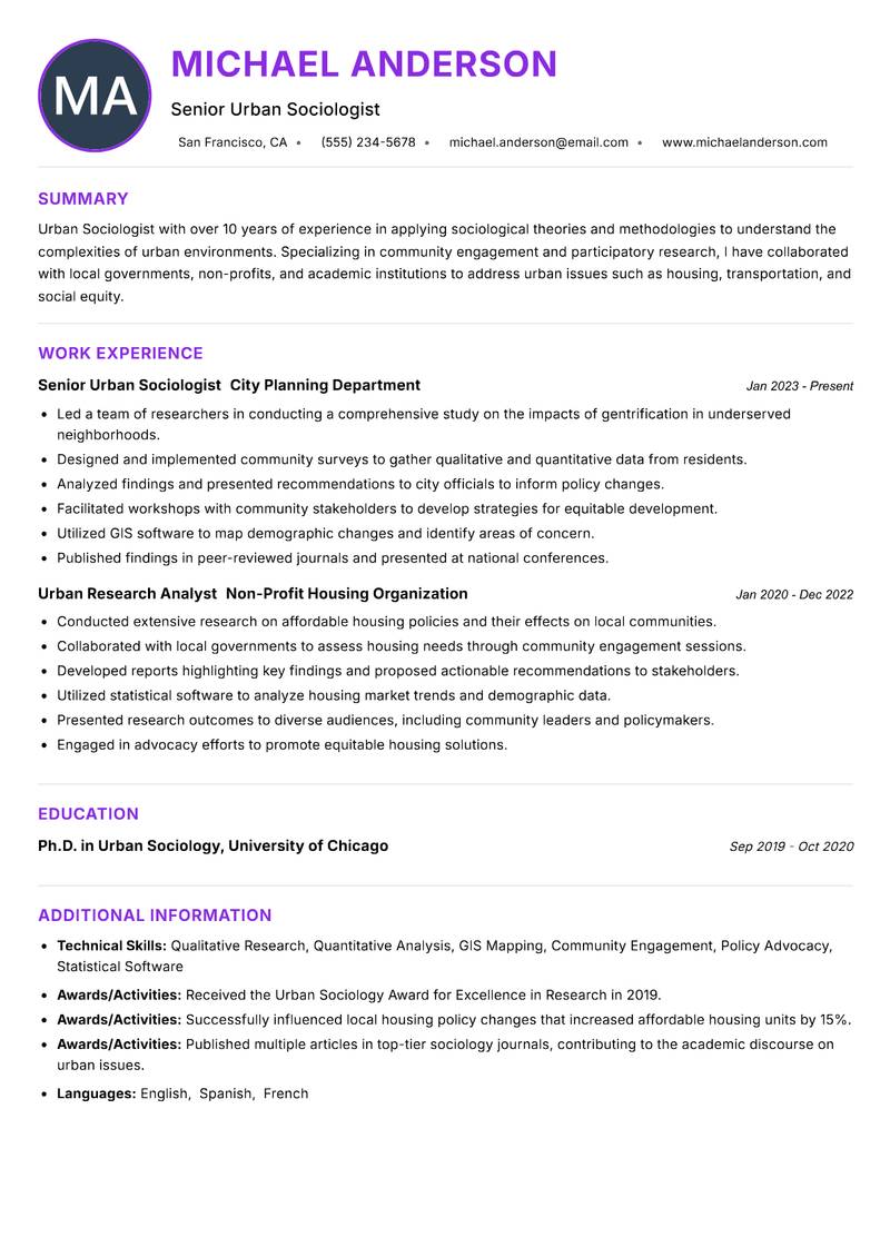 Urban Sociologist resume example