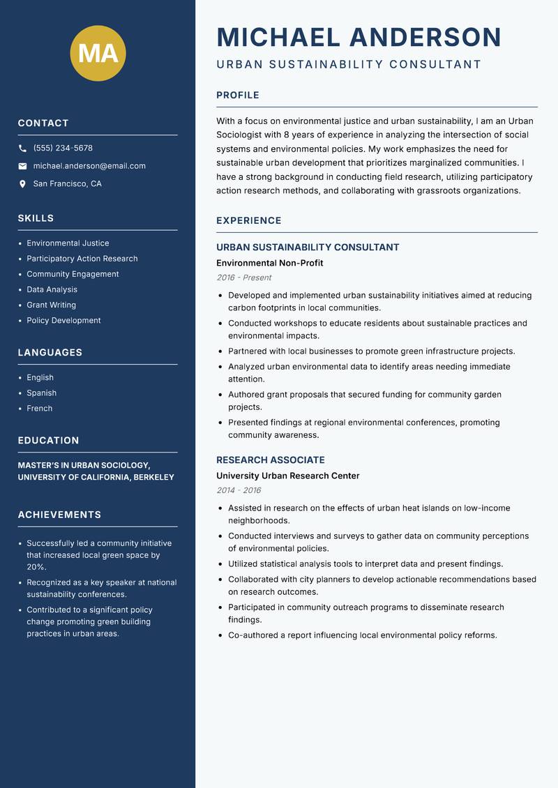 Urban Sociologist resume sample — Urban Sustainability Consultant focus