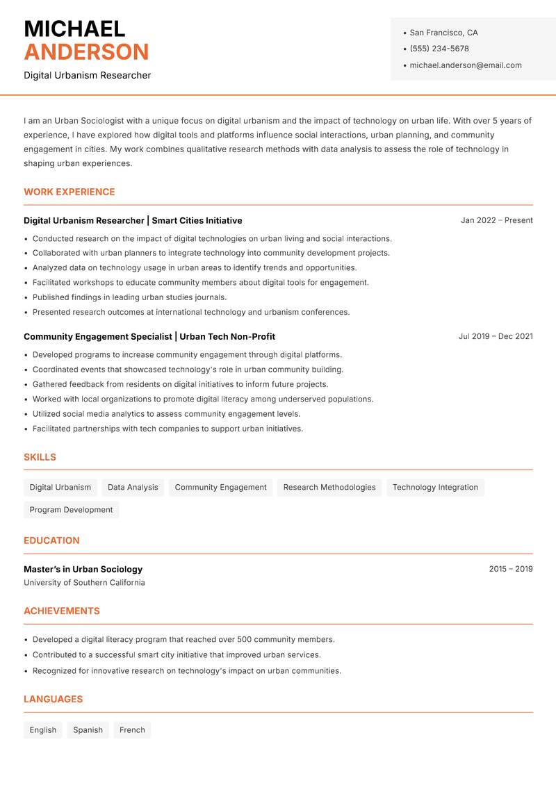 Urban Sociologist resume sample — Digital Urbanism Researcher focus