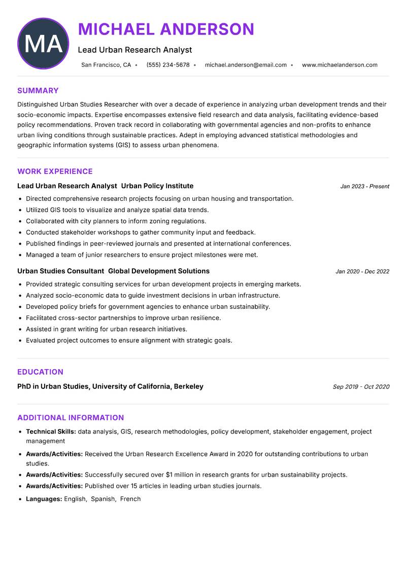 Urban Studies Researcher resume example