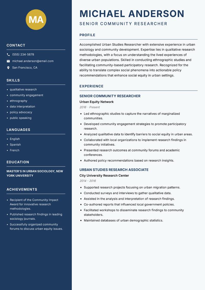 Urban Studies Researcher resume sample — Senior Community Researcher focus