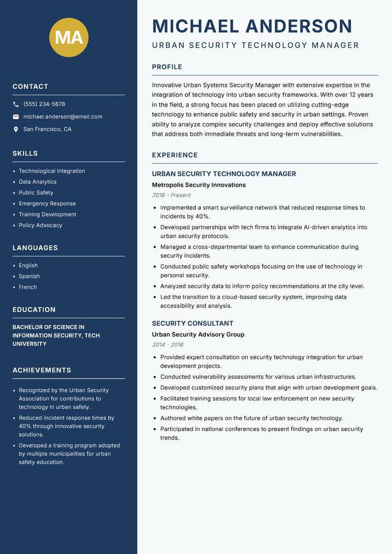 Urban Systems Security Manager resume sample — Urban Security Technology Manager focus