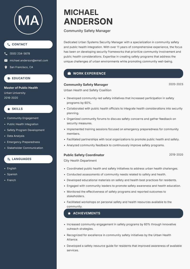 Urban Systems Security Manager resume sample — Community Safety Manager focus