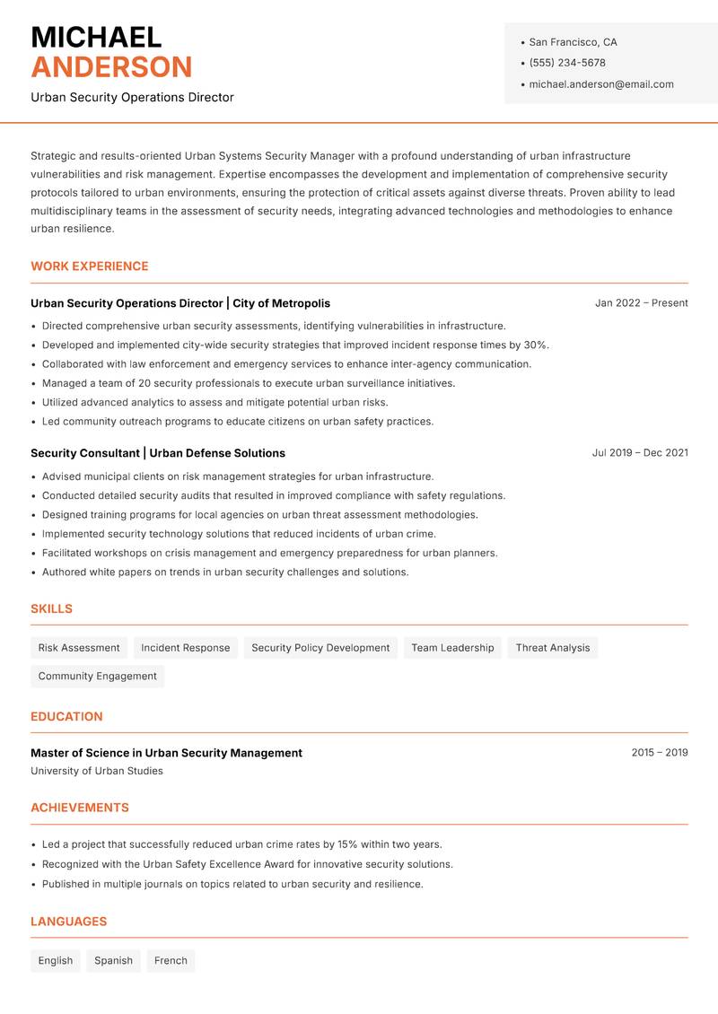 Urban Systems Security Manager resume sample — Urban Security Operations Director focus