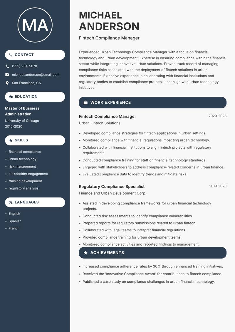 Urban Technology Compliance Manager resume sample — Fintech Compliance Manager focus