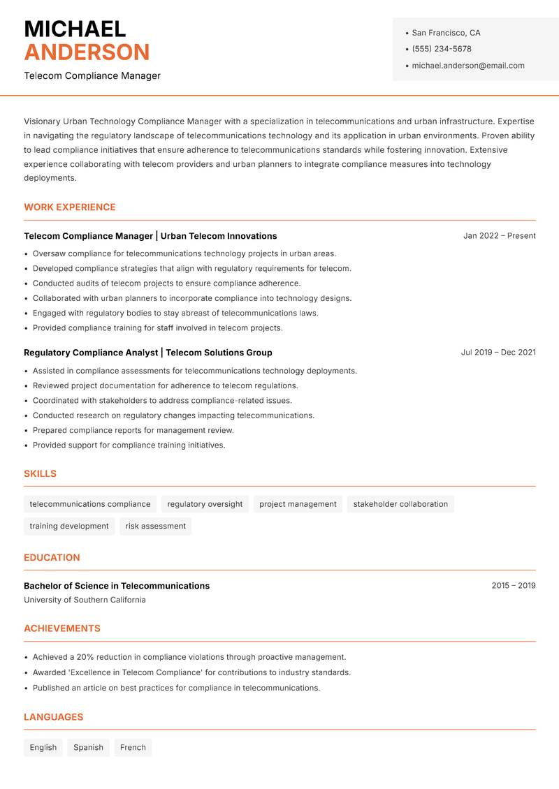 Urban Technology Compliance Manager resume sample — Telecom Compliance Manager focus