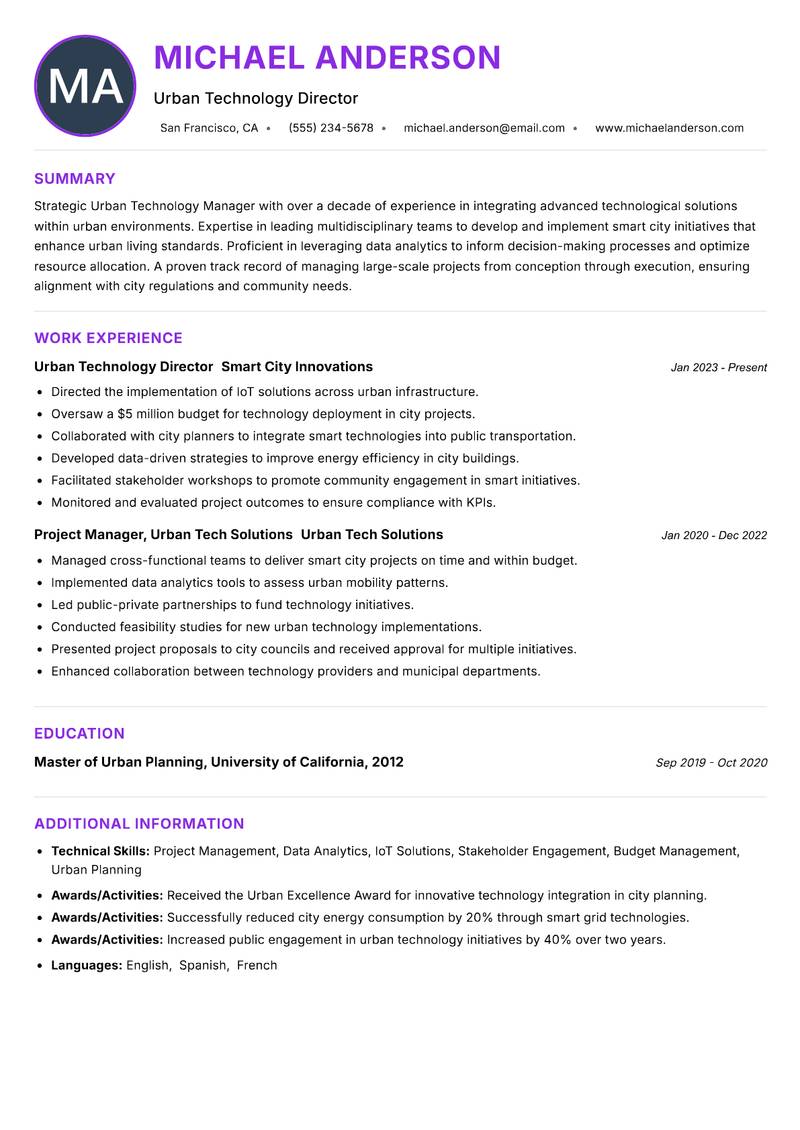 Urban Technology Manager resume example