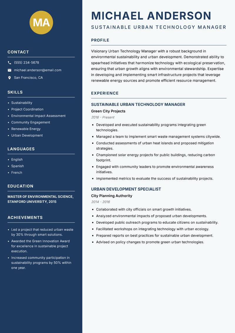 Urban Technology Manager resume sample — Sustainable Urban Technology Manager focus