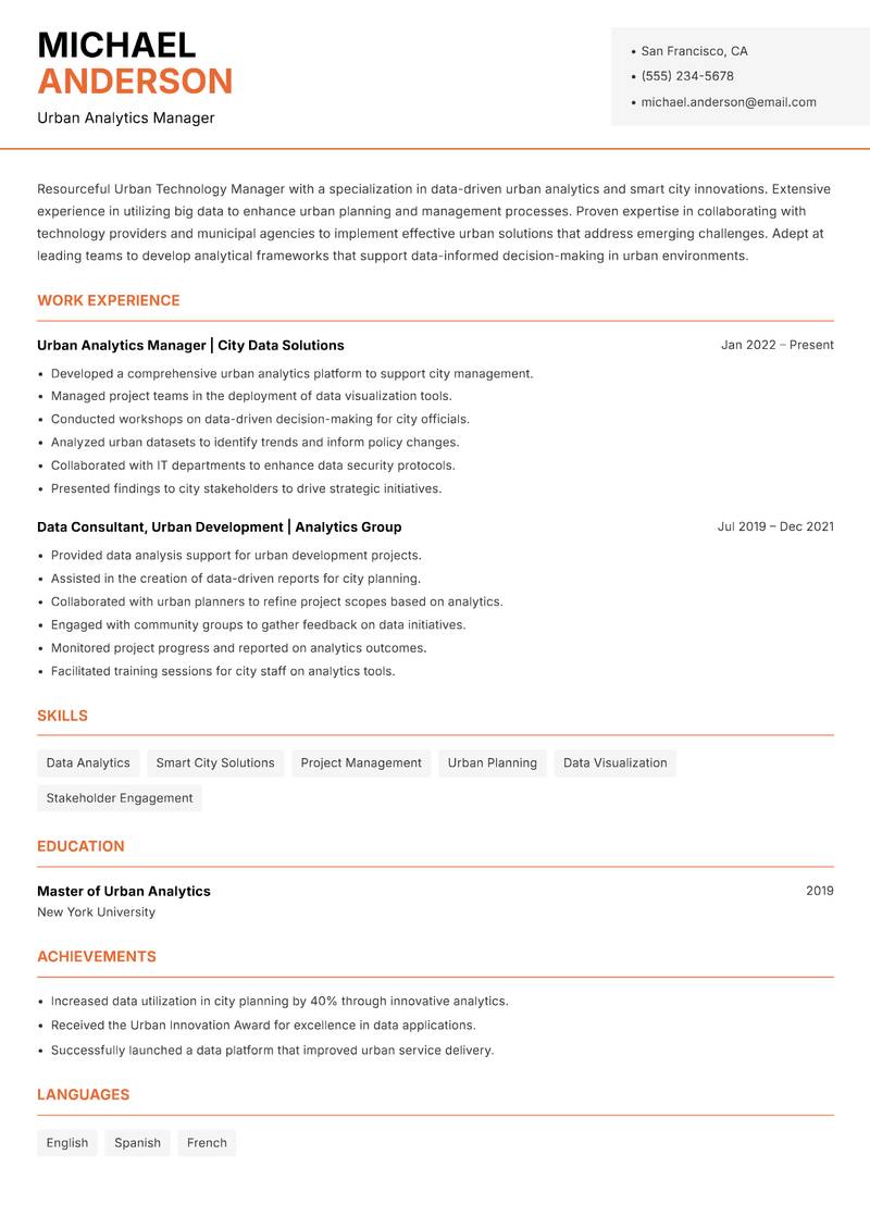 Urban Technology Manager resume sample — Urban Analytics Manager focus