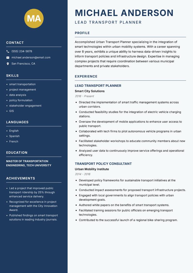 Urban Transport Planner resume sample — Lead Transport Planner focus