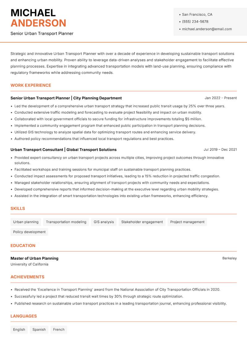 Urban Transport Planner resume sample — Senior Urban Transport Planner focus