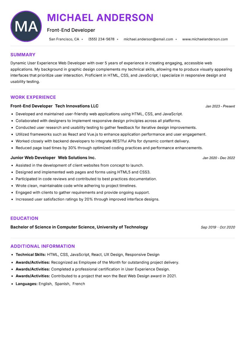 User Experience Web Developer resume example
