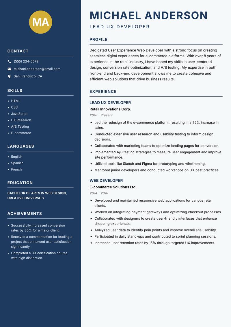 User Experience Web Developer resume sample — Lead UX Developer focus