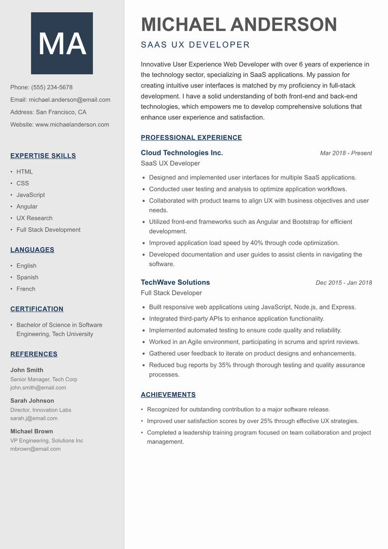 User Experience Web Developer resume sample — SaaS UX Developer focus