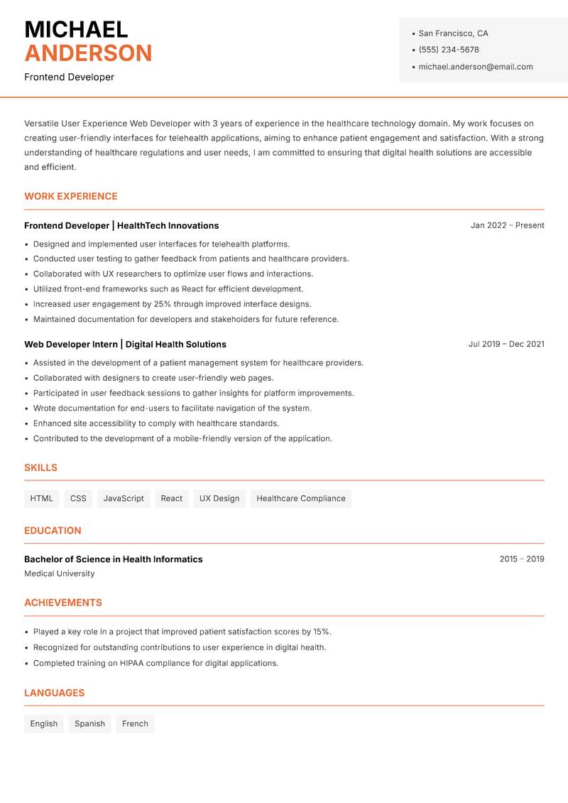 User Experience Web Developer resume sample — Frontend Developer focus