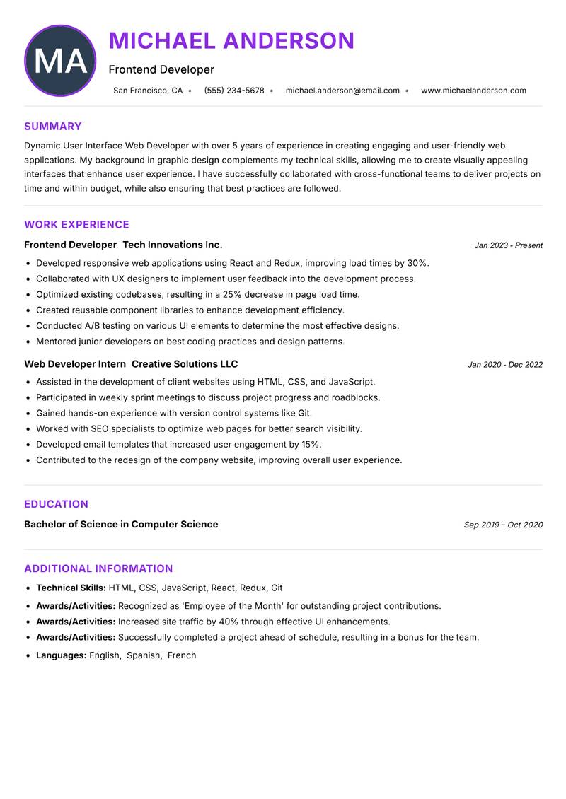 User Interface Web Developer resume example