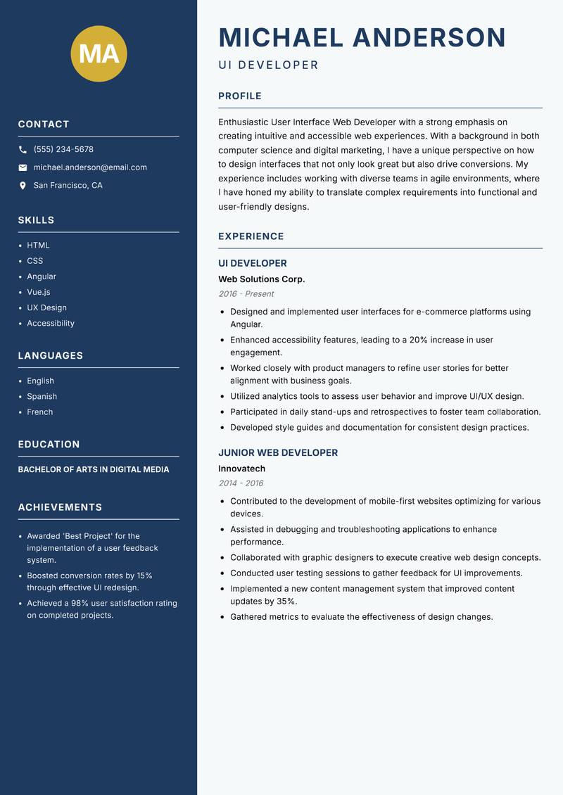 User Interface Web Developer resume sample — UI Developer focus