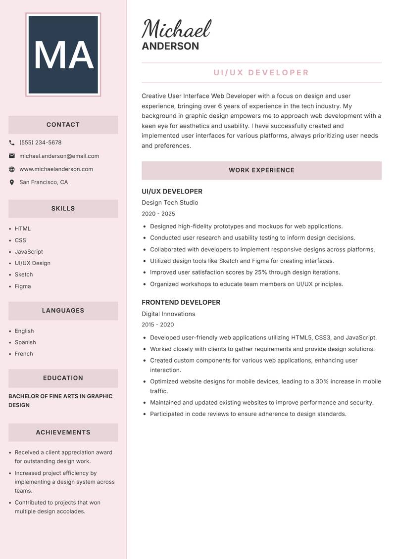 User Interface Web Developer resume sample — UI/UX Developer focus