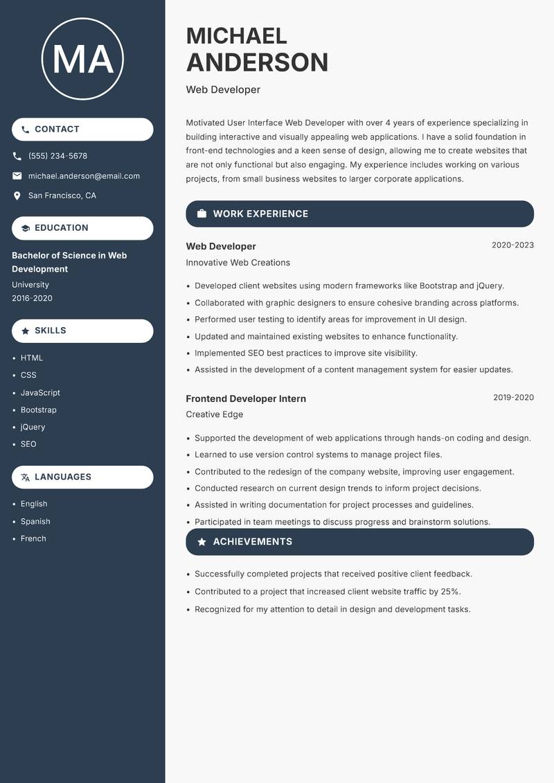 User Interface Web Developer resume sample — Web Developer focus